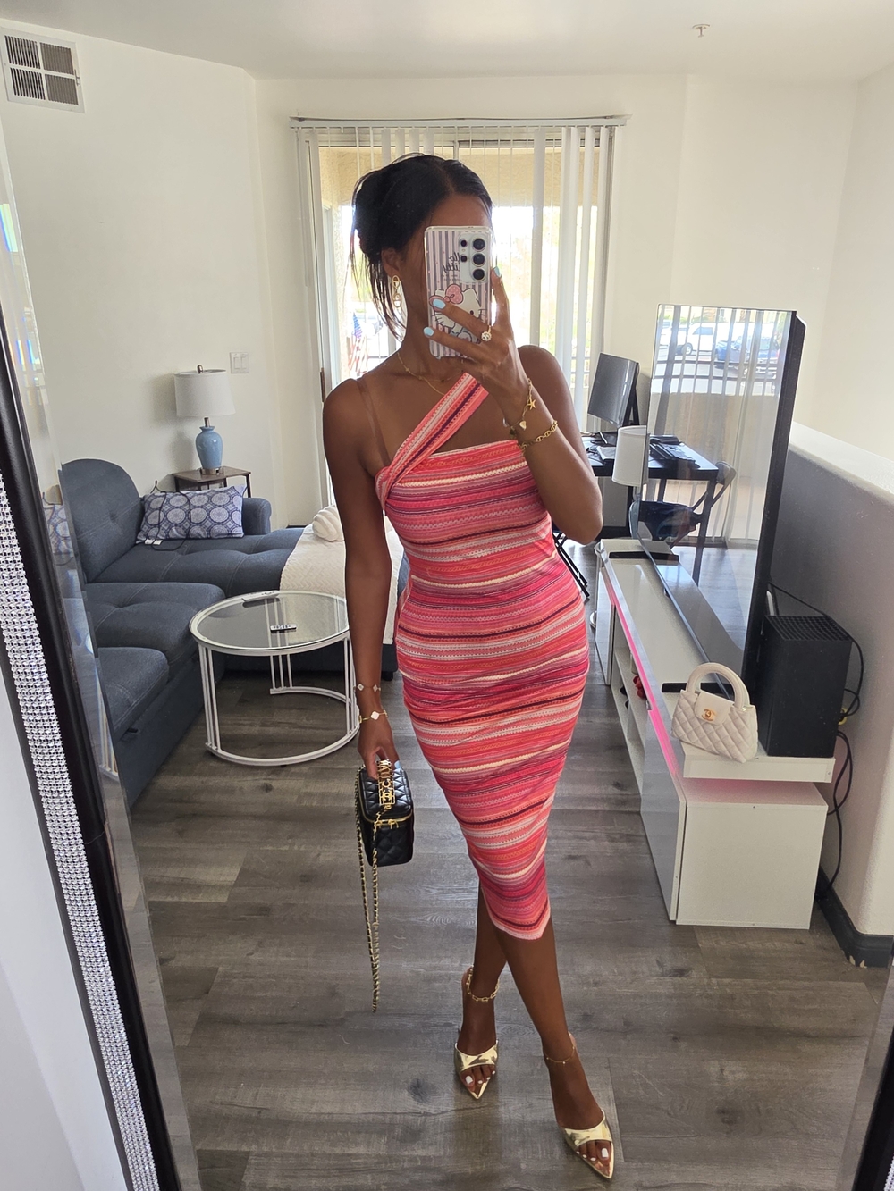 Women's Pink Striped One-Shoulder Bodycon Dress - Picture 6 of 17